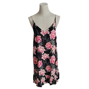 Roxy Black Pink White Floral Cami Babydoll Dress Adjustable Straps Size Large